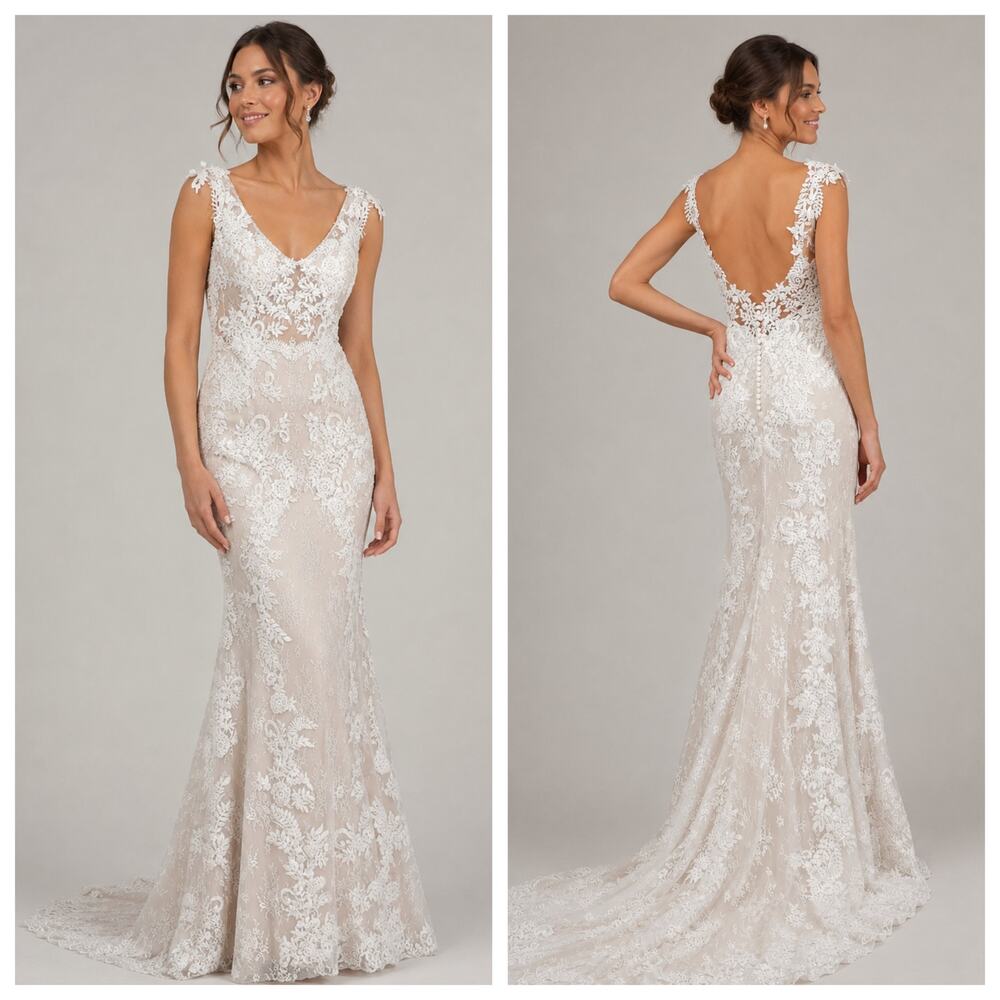BHLDN Milano Whispers & Echoes Lace V Neck Wedding Gown 4